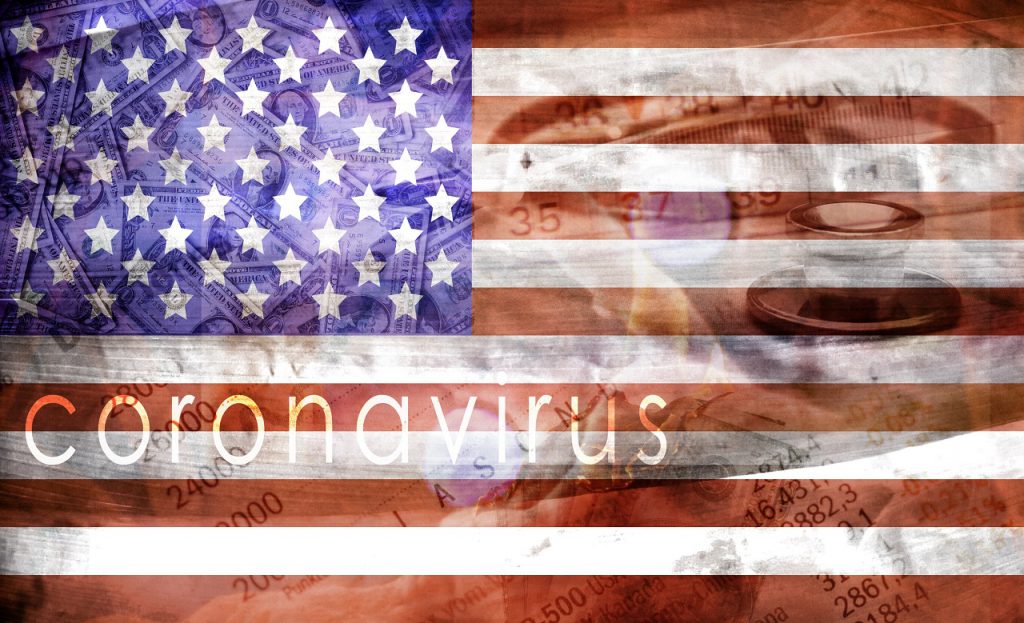 coronavirus conceptual image with the a composite image that want to show the coronavirus spread in america, and its economic consequences for american economy, graphic image.