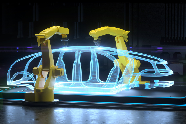 Digital generated image of yellow colored robotic arms working on car production line.